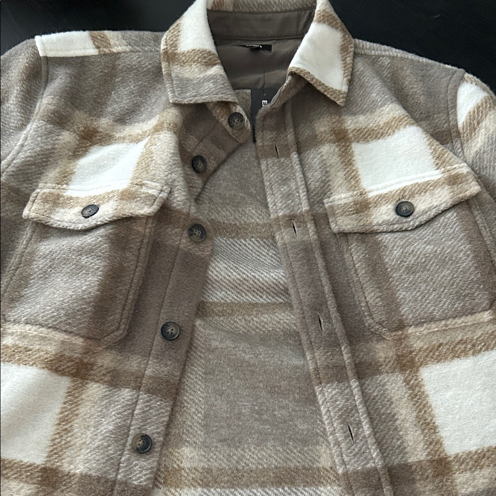 Express Men's Checkered Shirt Jacket in Tan and Cream